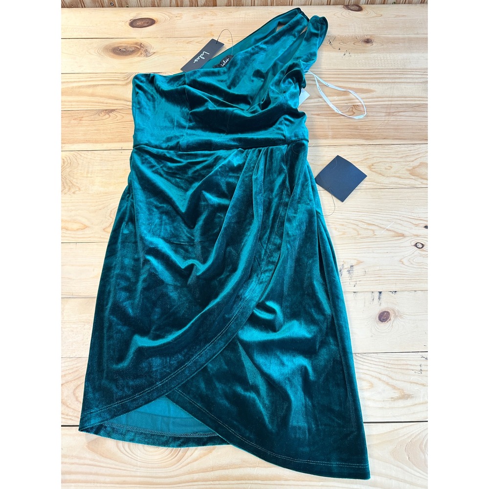 Lulus Emerald Green Velvet One Shoulder Mini Dress Faux Wrap‎ Tulip Hem Medium
